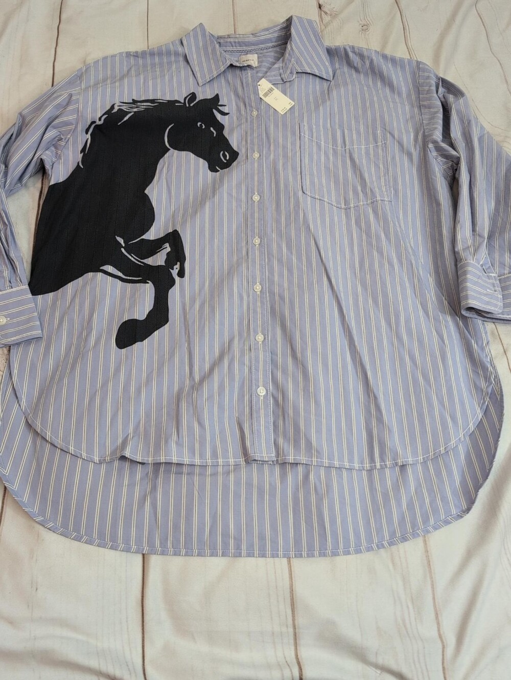 NWT Maeve Anthropologie Horse Silhouette Button Down Shirt XL Blue Striped